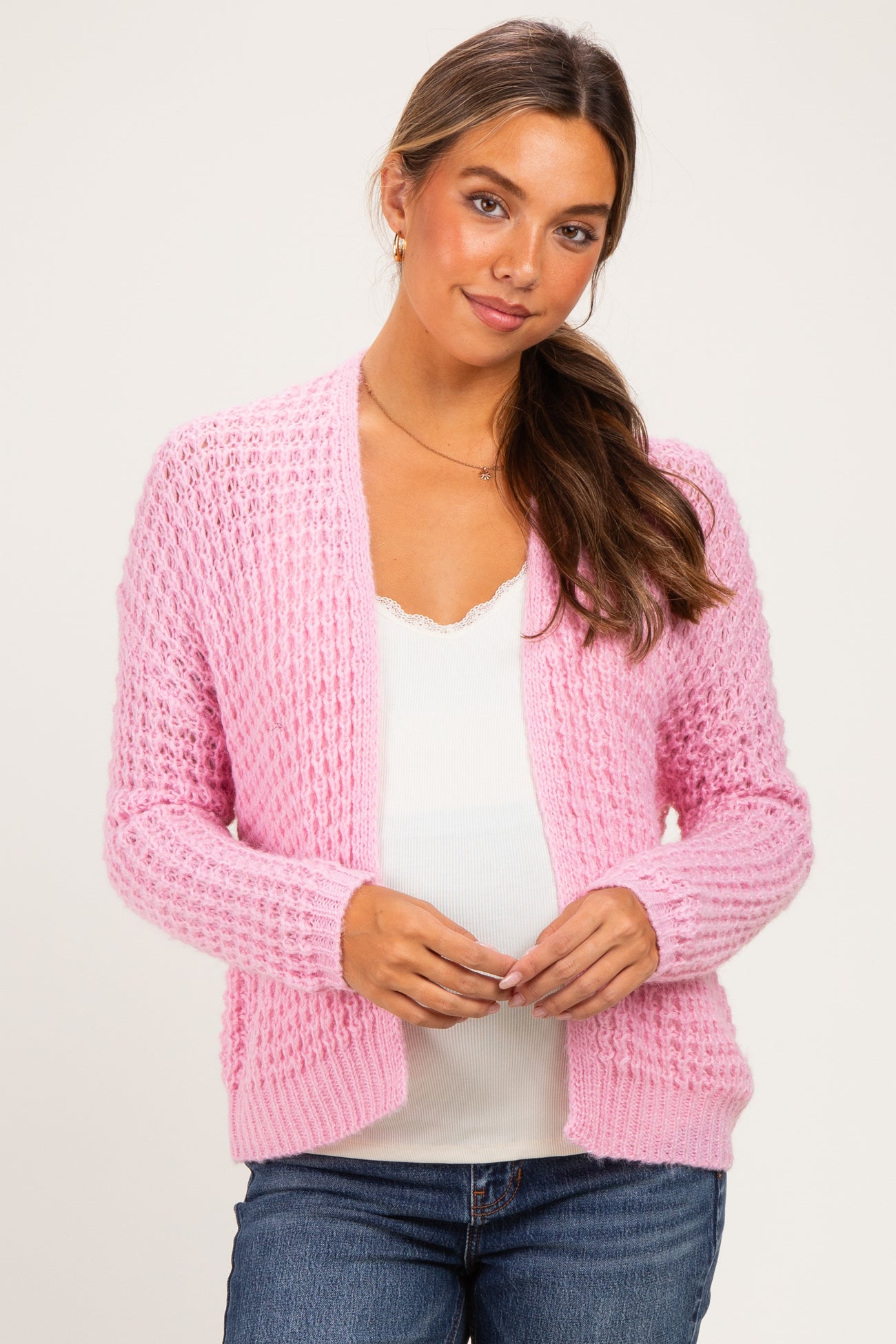 Pink Chunky Waffle Knit Maternity Open Cardigan