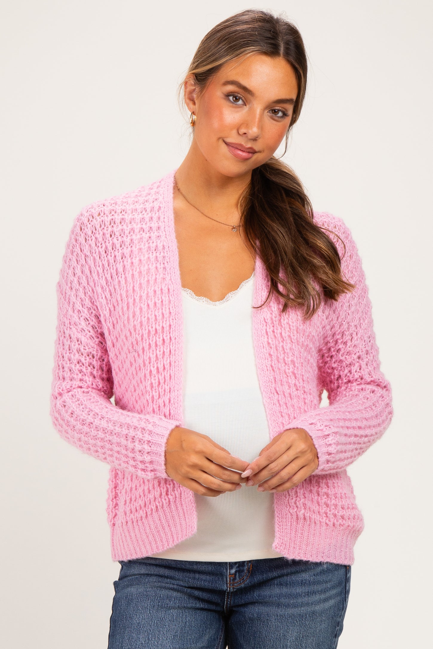 Pink Chunky Waffle Knit Maternity Open Cardigan