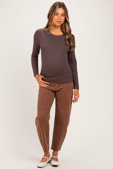 Brown Fitted Ribbed Maternity Long Sleeve