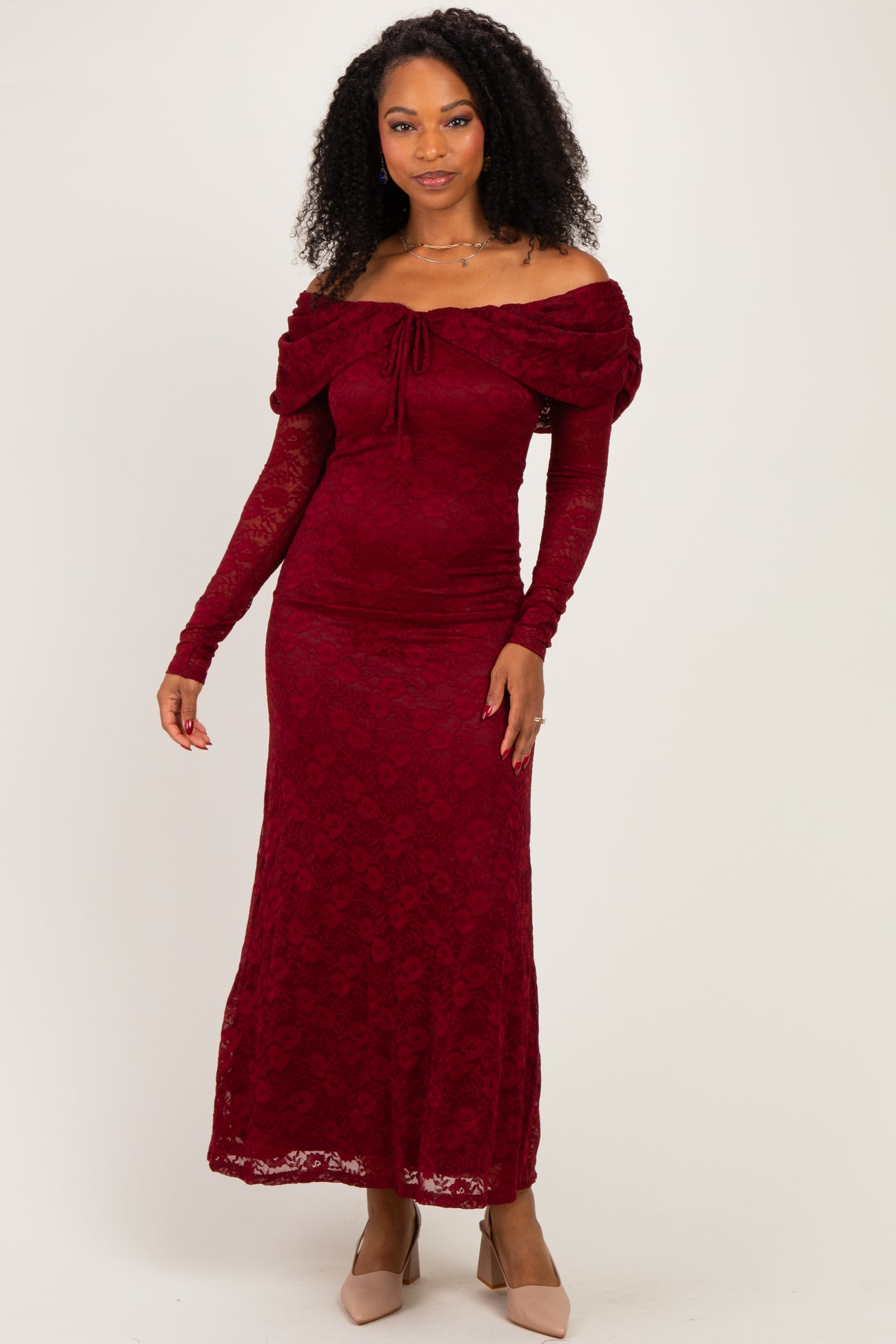 Burgundy Lace Off Shoulder Long Sleeve Maternity Maxi Dress