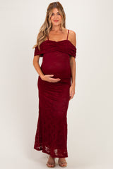 Burgundy Lace Off Shoulder Maternity Maxi Dress
