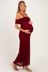 Burgundy Lace Off Shoulder Maternity Maxi Dress