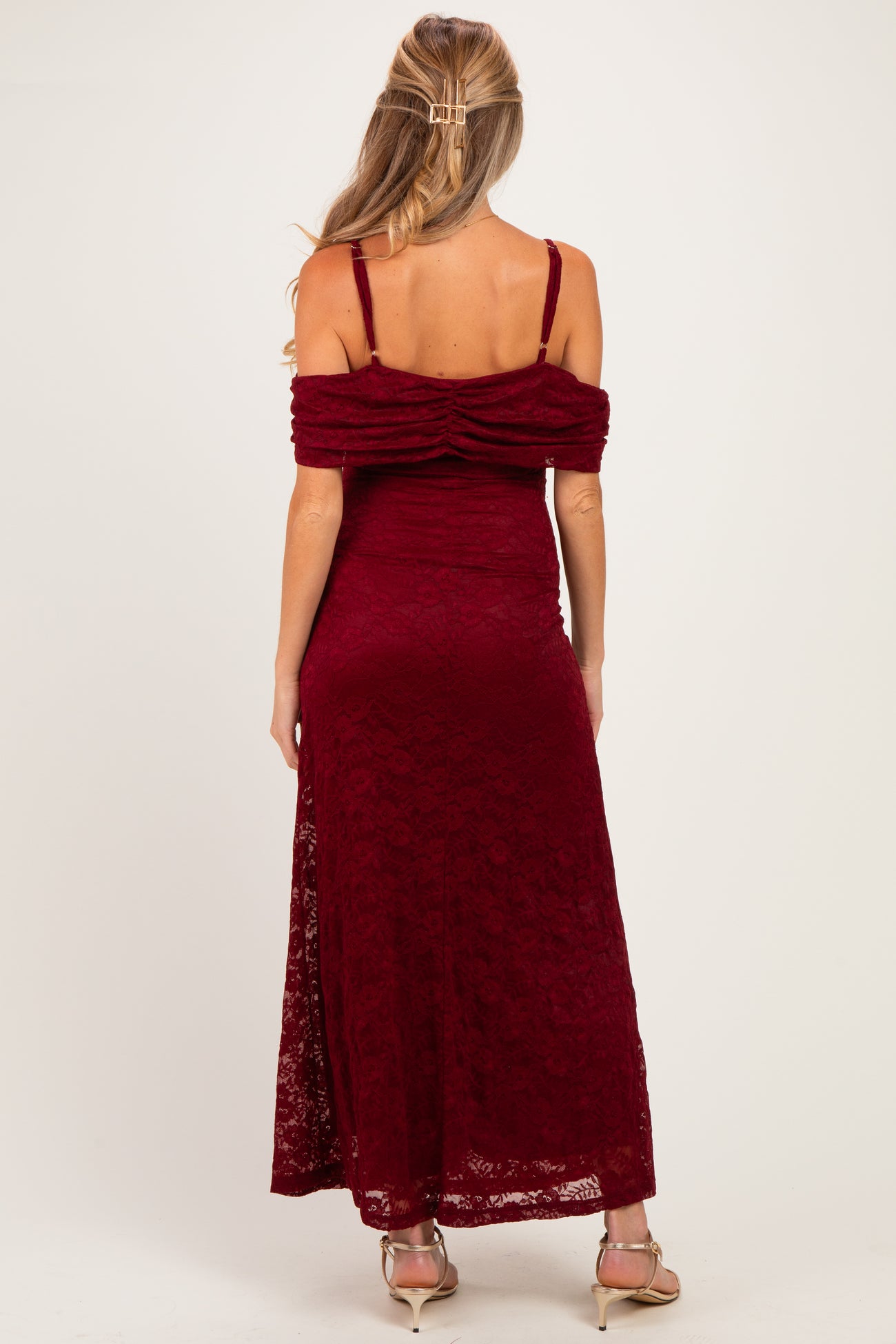 Burgundy Lace Off Shoulder Maternity Maxi Dress