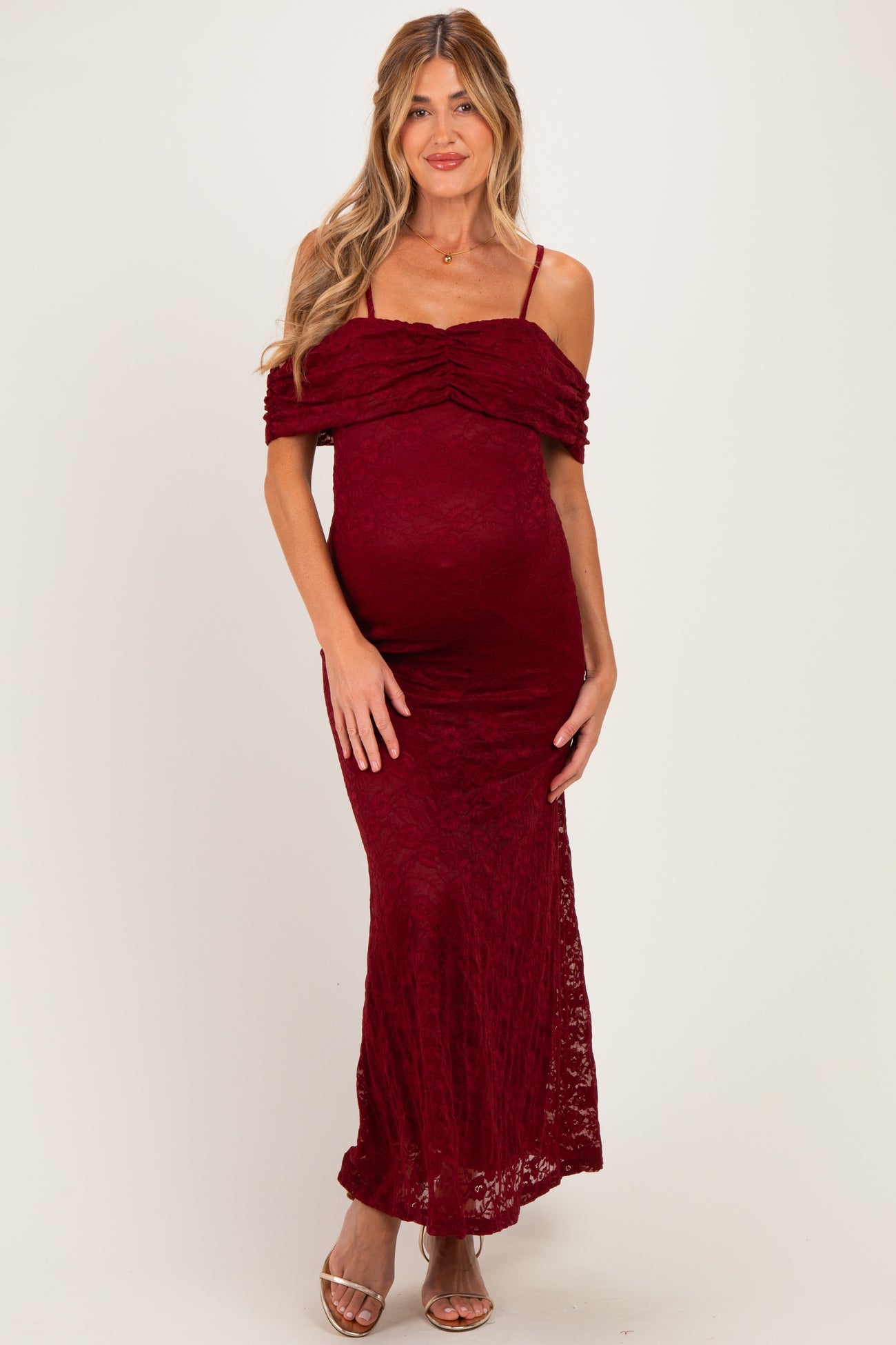 Burgundy Lace Off Shoulder Maternity Maxi Dress
