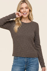 Brown Basic Striped Long Sleeve Top