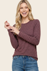 Burgundy Basic Striped Long Sleeve Top