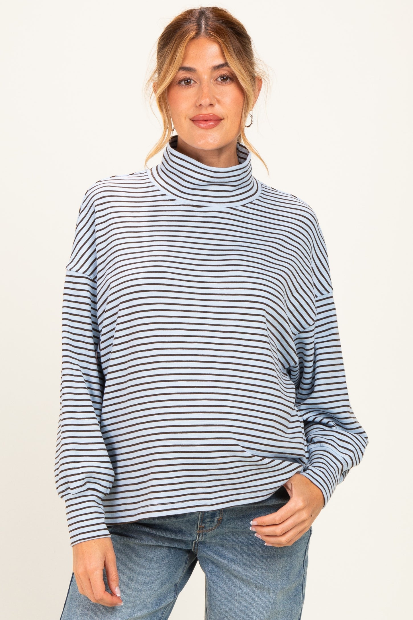 Light Blue Striped Mock Neck Oversized Maternity Top