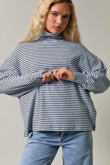 Light Blue Striped Mock Neck Oversized Top