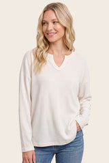 Ivory Split Neck Oversized Brushed Knit Top
