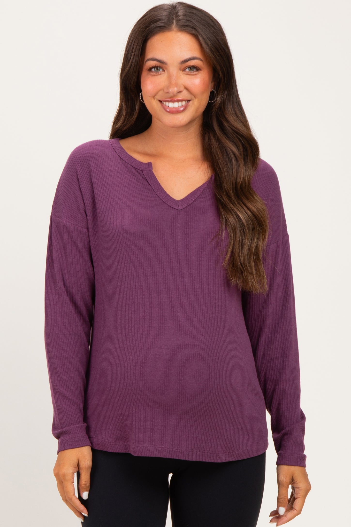 Plum Split Neck Oversized Brushed Knit Maternity Top