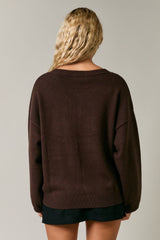 woman wearing a brown oversized sweater with a relaxed fit, shown from the back
