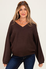 Dark Brown V-Neck Drop Shoulder Maternity Sweater