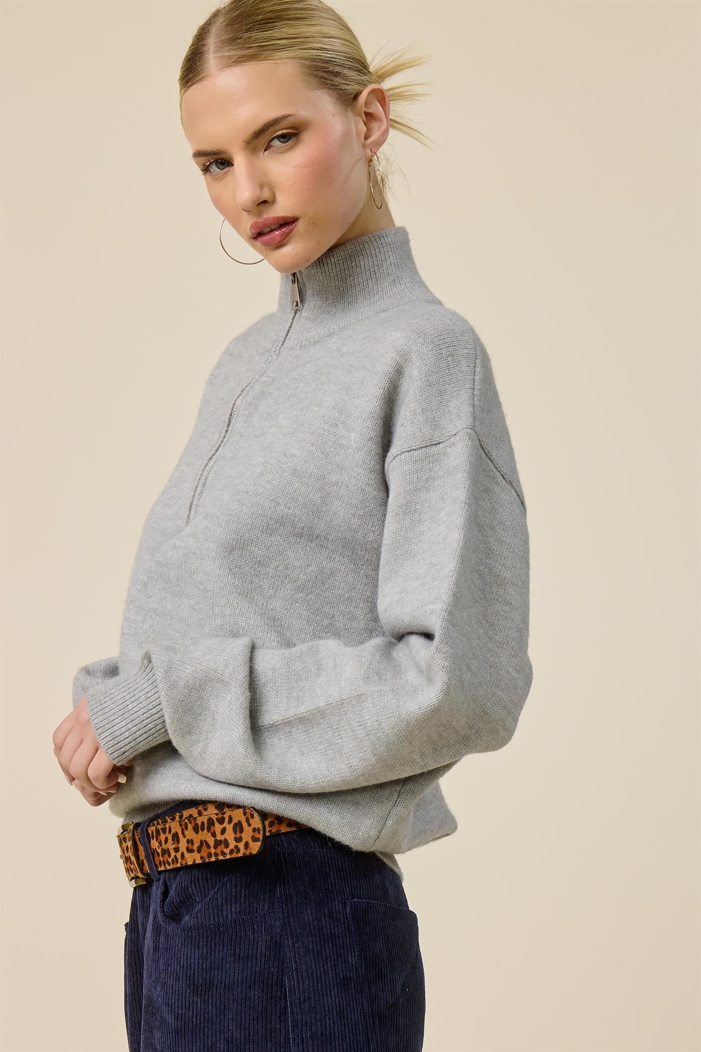 Grey Half Zip Mock Neck Sweater