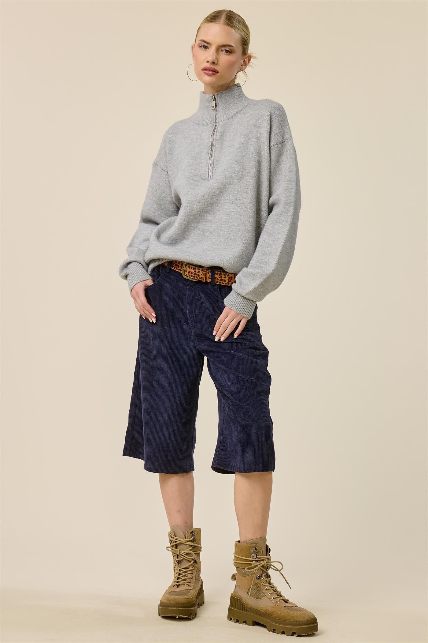 Grey Half Zip Mock Neck Sweater