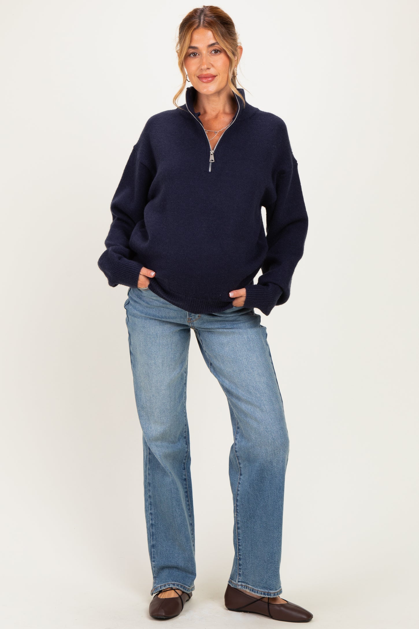 Navy Half Zip Mock Neck Maternity Sweater