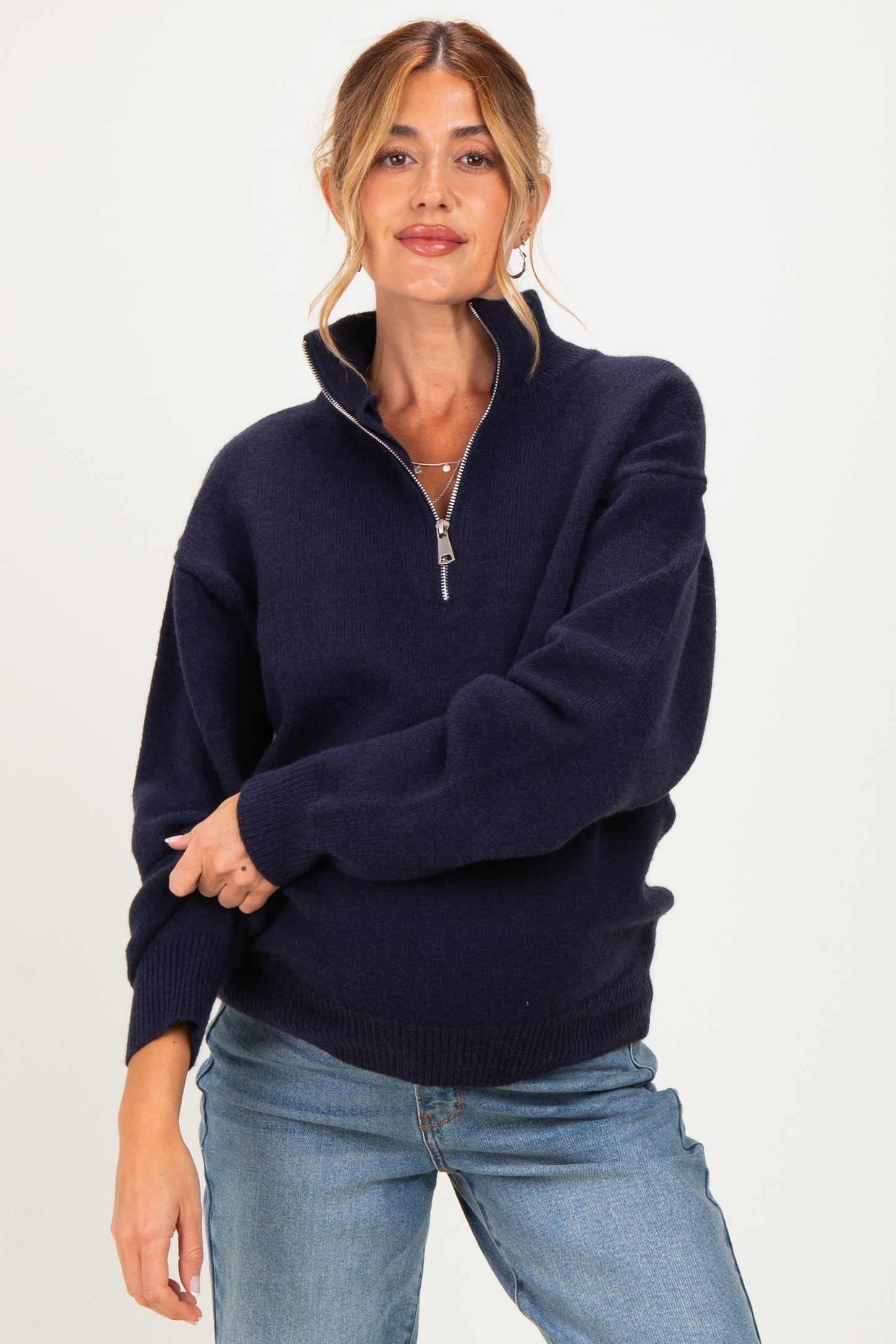 Navy Half Zip Mock Neck Maternity Sweater