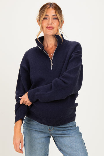 Navy Half Zip Mock Neck Maternity Sweater