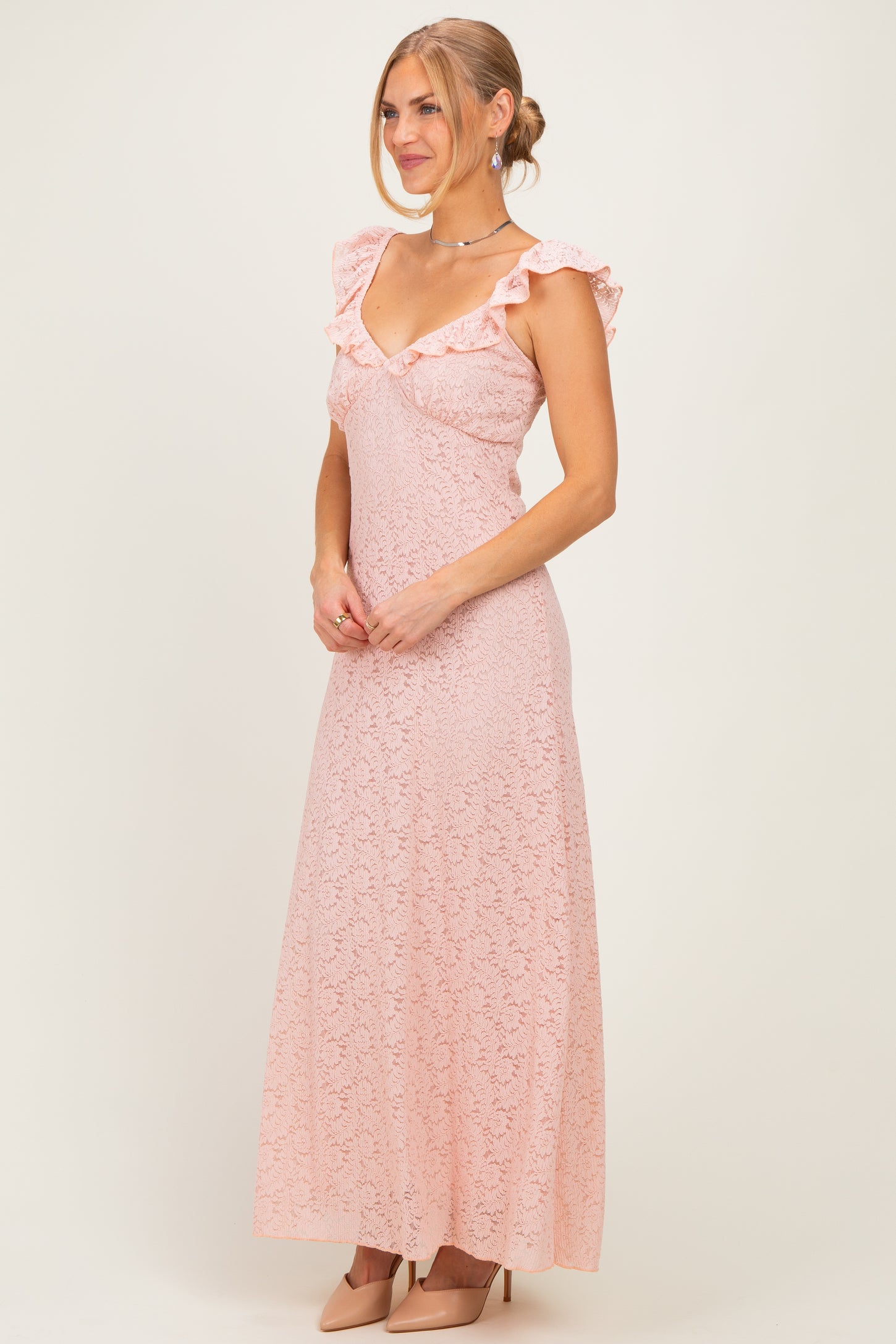 Pink Textured Short Sleeve Sweetheart Maxi Dress