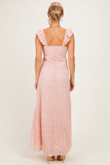 Pink Textured Short Sleeve Sweetheart Maxi Dress
