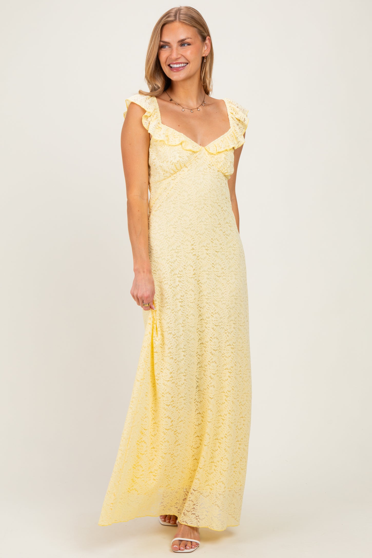 Yellow Textured Short Sleeve Sweetheart Maxi Dress