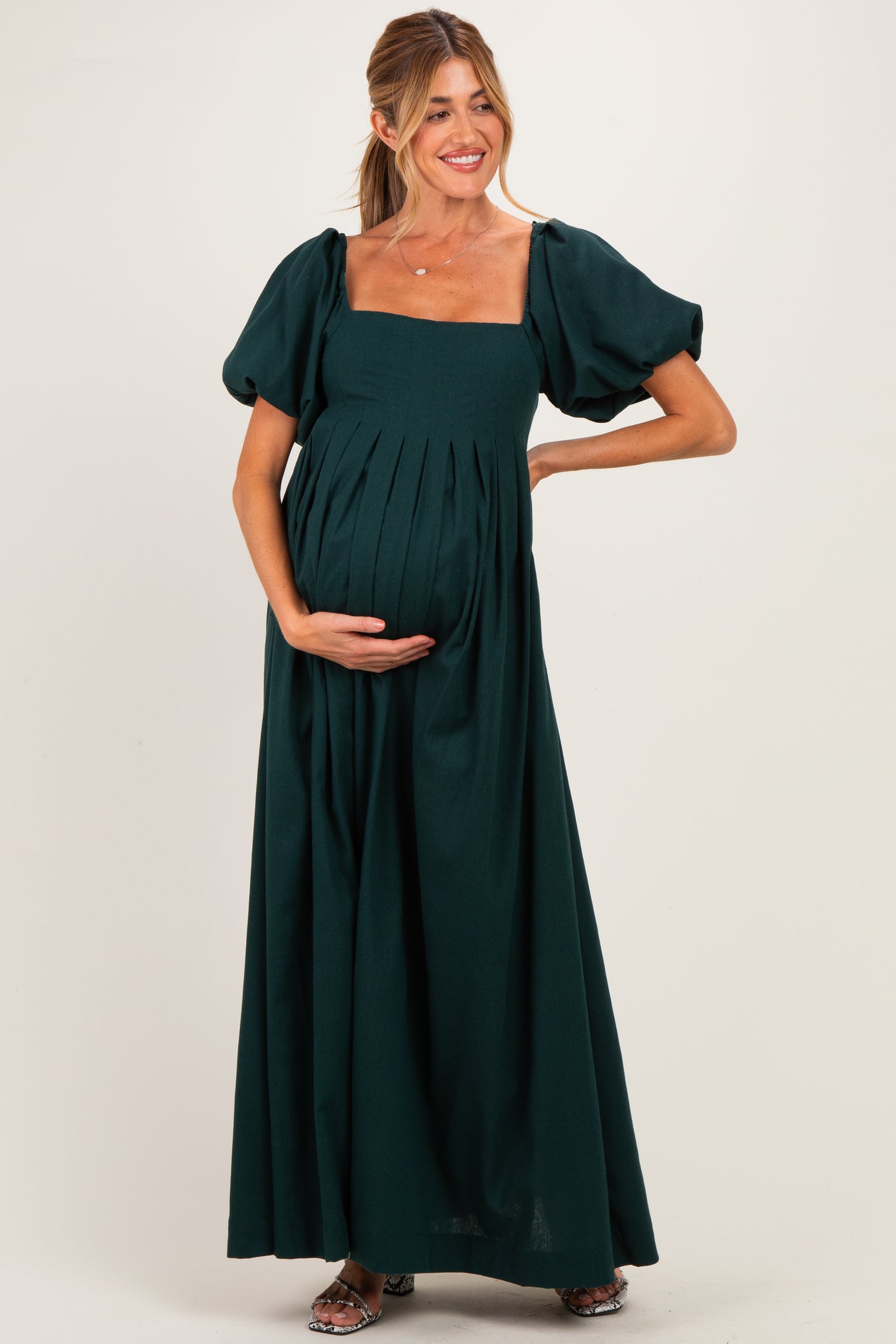Hunter Green Square Neck Puff Sleeve Maternity Maxi Dress