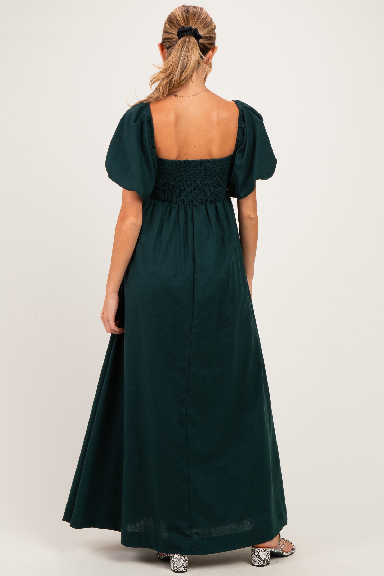 Hunter Green Square Neck Puff Sleeve Maternity Maxi Dress