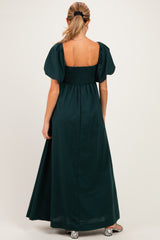 Hunter Green Square Neck Puff Sleeve Maternity Maxi Dress