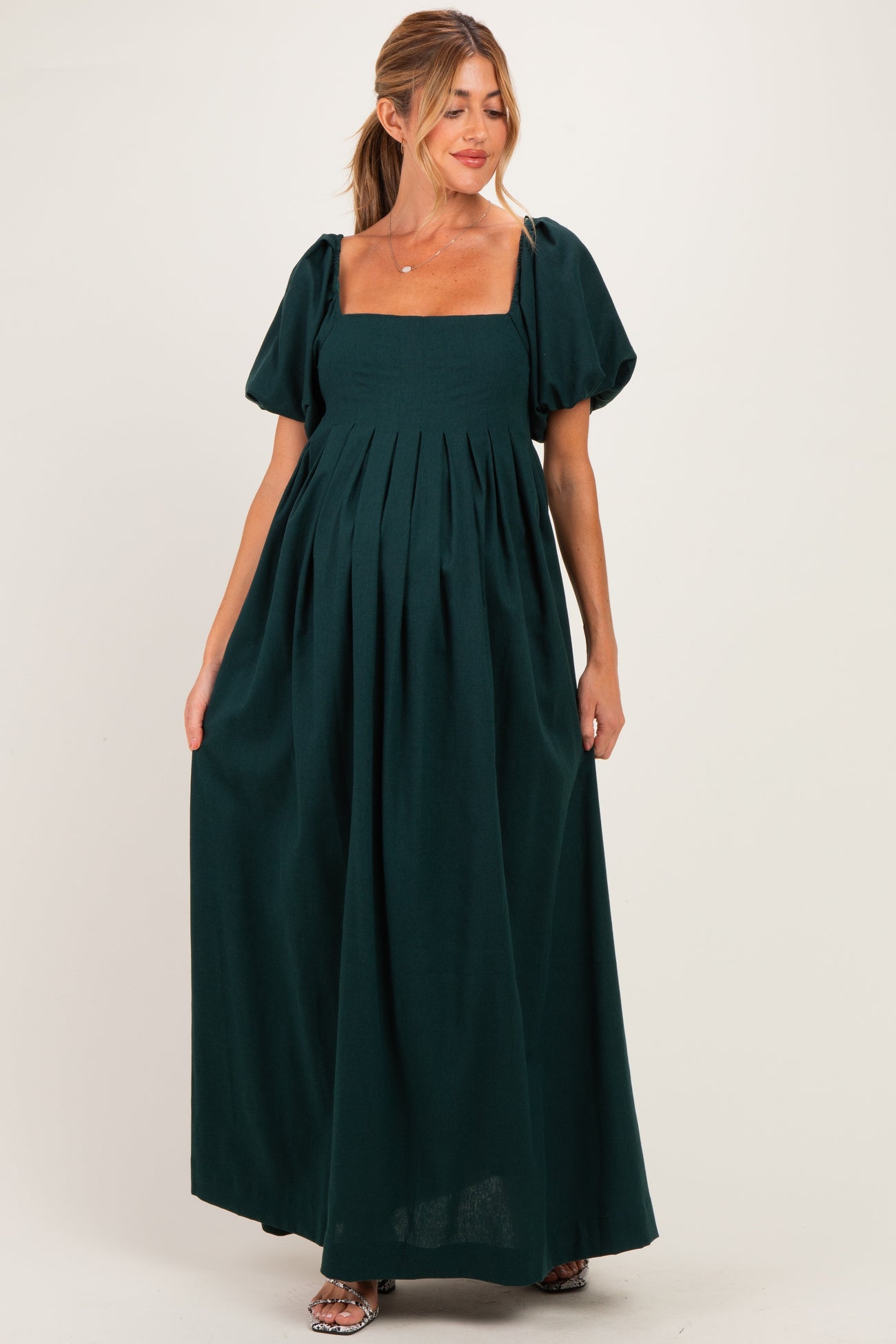 Hunter Green Square Neck Puff Sleeve Maternity Maxi Dress