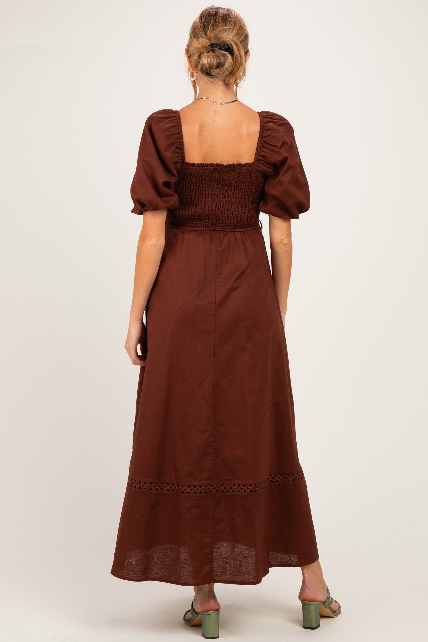 Dark Brown Crochet Lace Smocked Maternity Maxi Dress