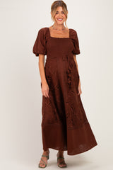 Dark Brown Crochet Lace Smocked Maternity Maxi Dress
