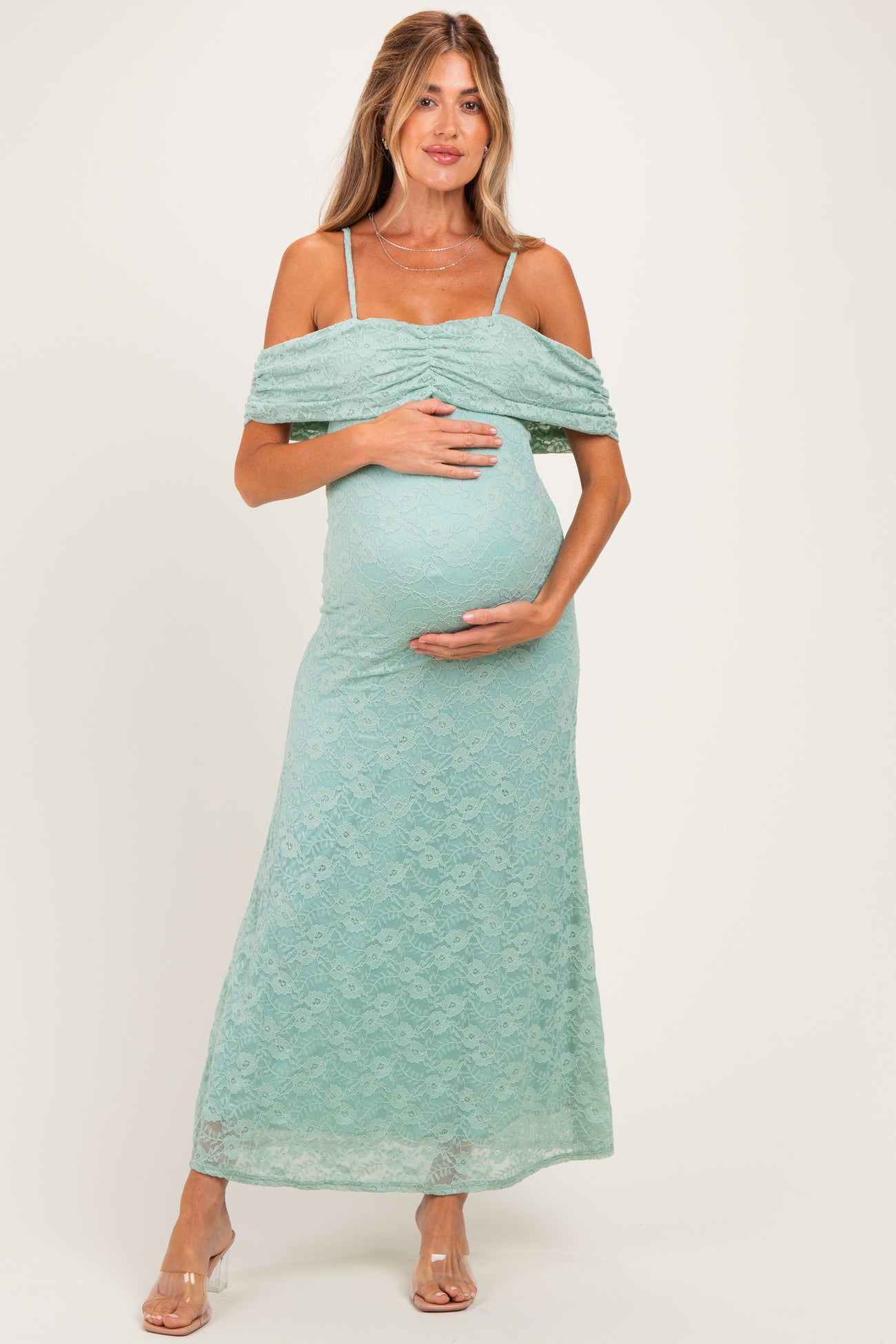 Seafoam Lace Off Shoulder Maternity Maxi Dress