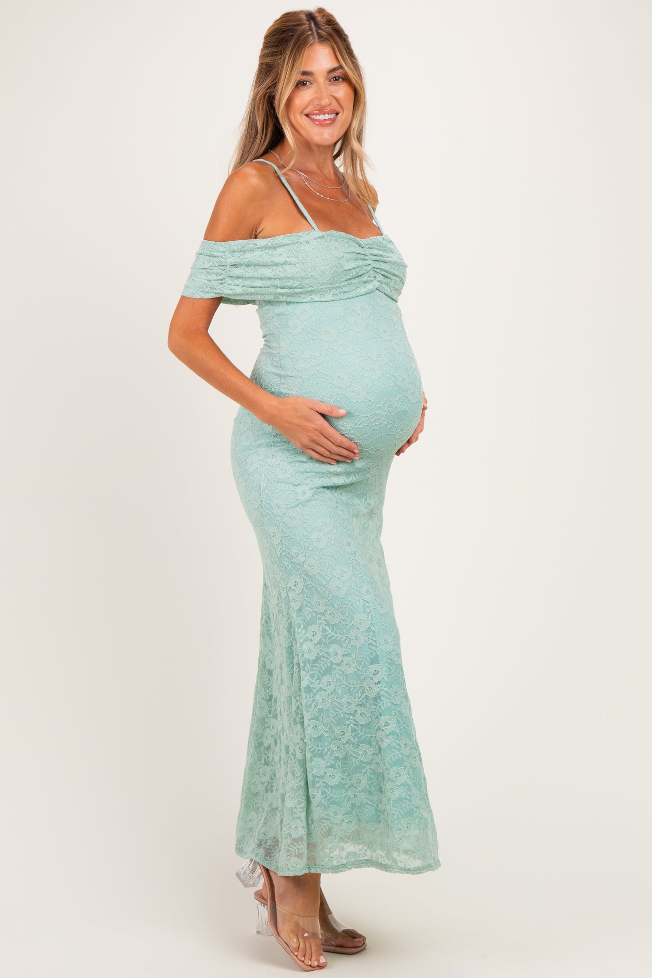 Seafoam Lace Off Shoulder Maternity Maxi Dress