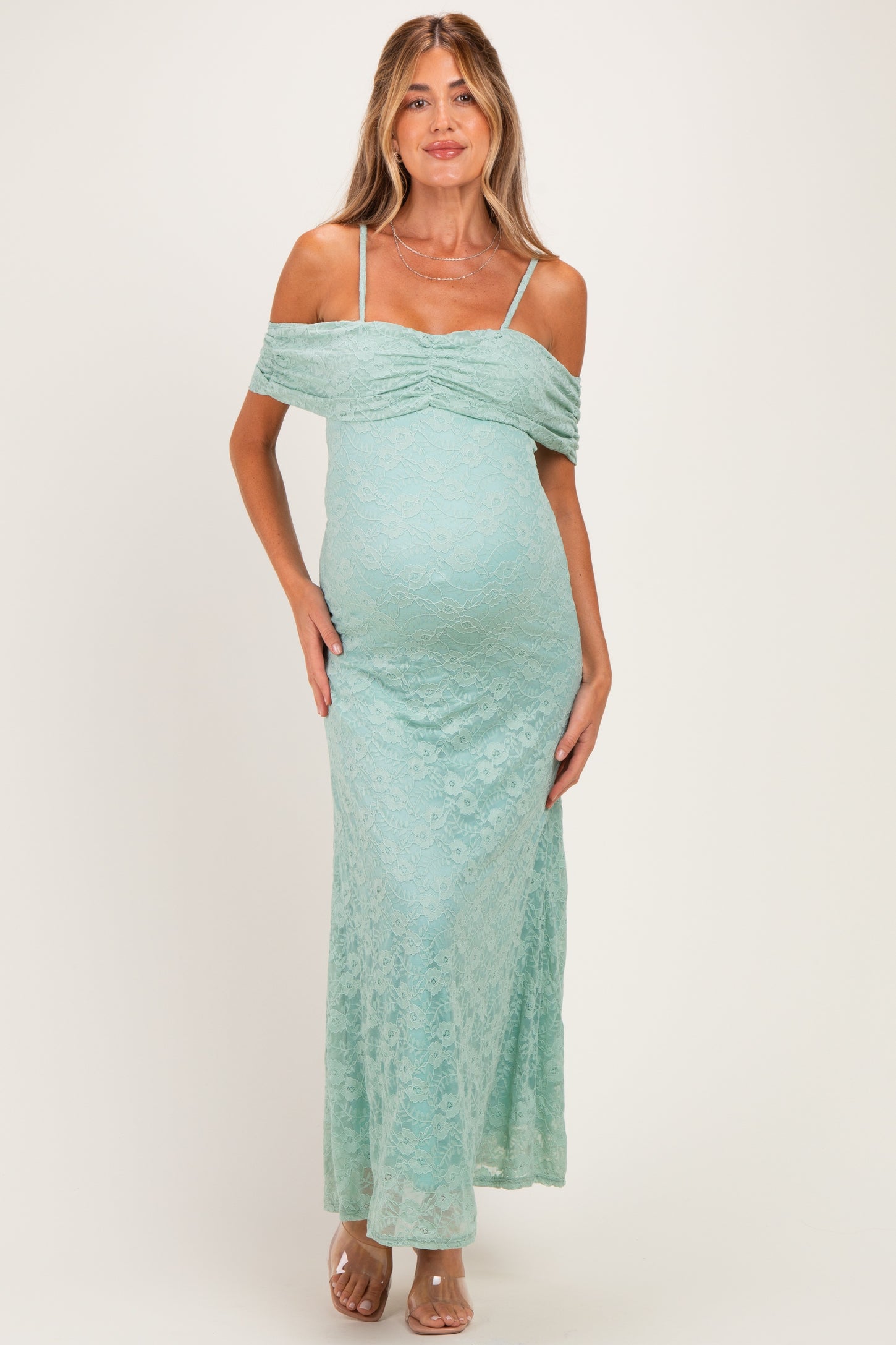 Seafoam Lace Off Shoulder Maternity Maxi Dress