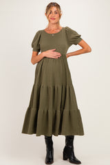 Olive Solid Short Sleeve Tiered Maternity Maxi Dress