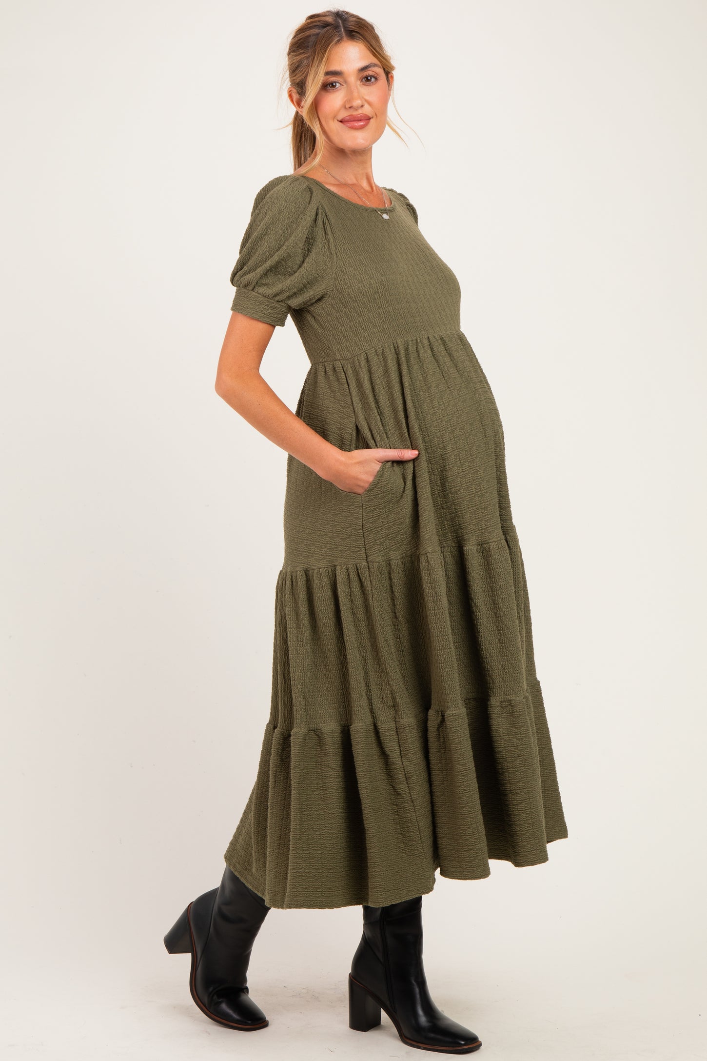 Olive Solid Short Sleeve Tiered Maternity Maxi Dress