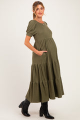 Olive Solid Short Sleeve Tiered Maternity Maxi Dress