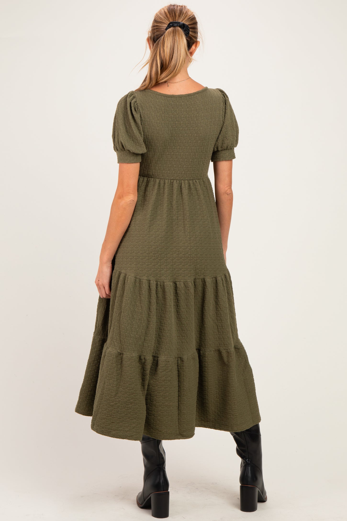 Olive Solid Short Sleeve Tiered Maternity Maxi Dress