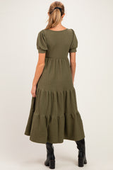 Olive Solid Short Sleeve Tiered Maternity Maxi Dress