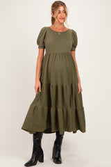Olive Solid Short Sleeve Tiered Maternity Maxi Dress