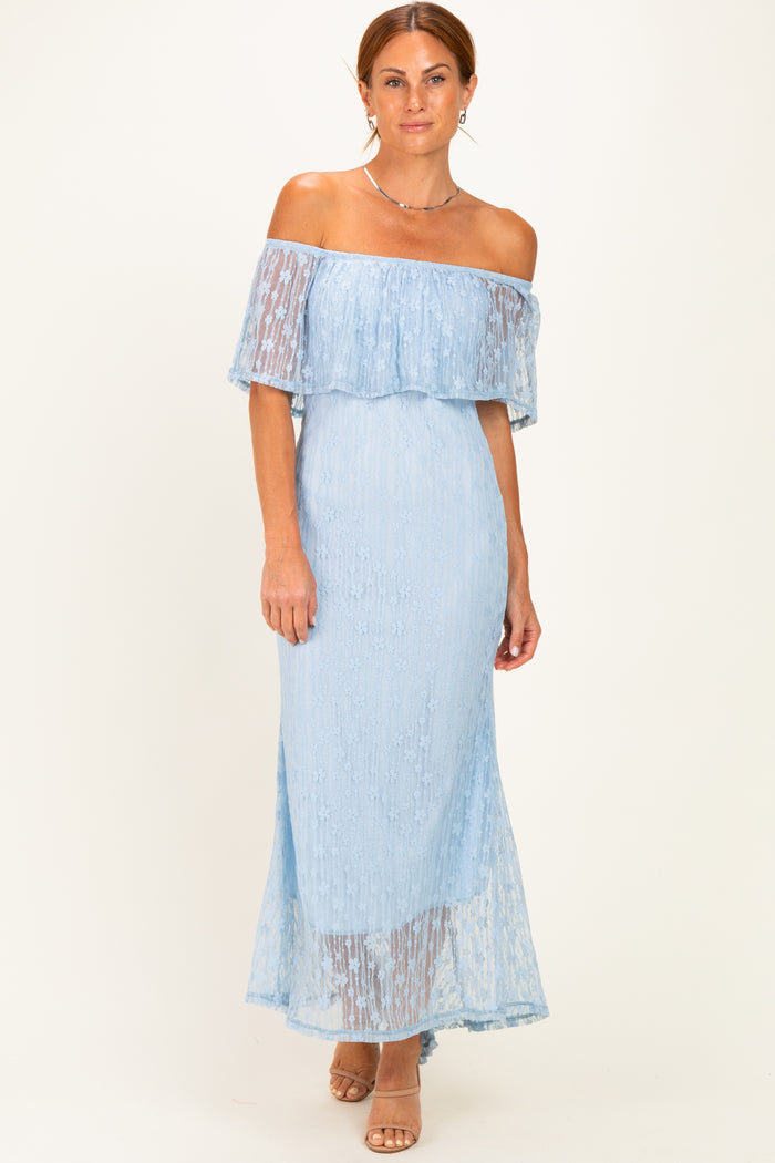 Light Blue Off Shoulder Lace Maternity Maxi Dress
