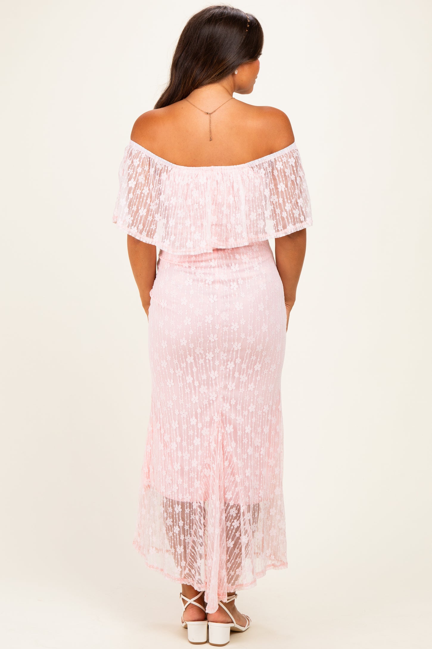 Light Pink Off Shoulder Lace Maternity Maxi Dress