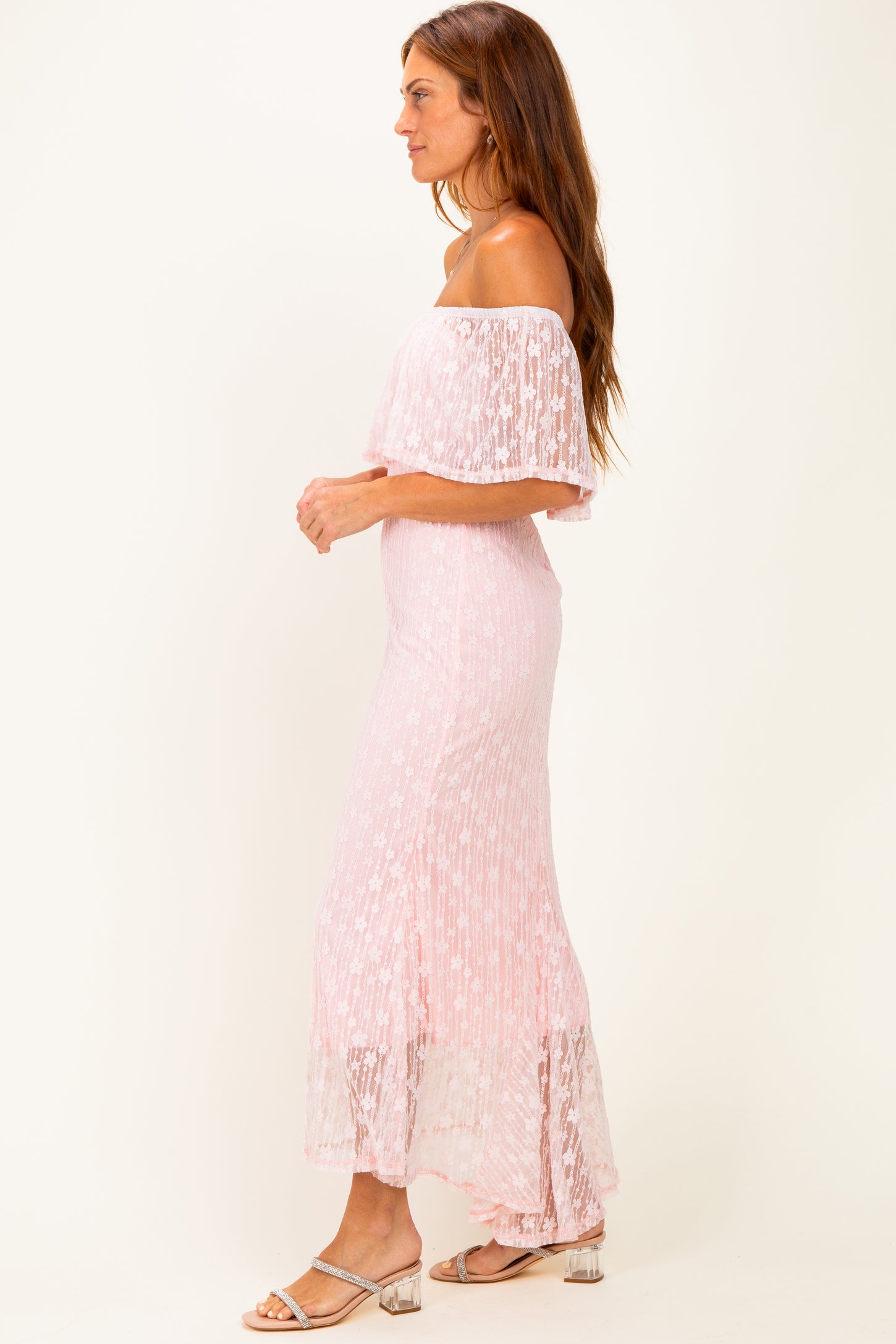 Light Pink Off Shoulder Lace Maxi Dress