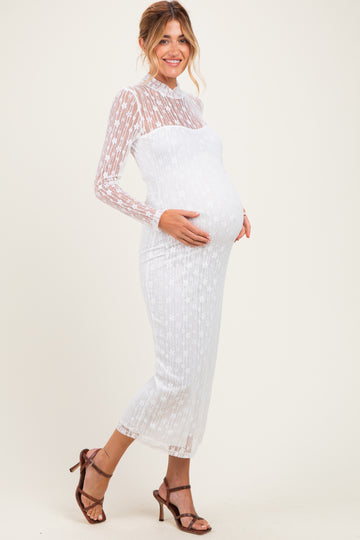 Ivory Lace Mock Neck Long Sleeve Maternity Maxi Dress