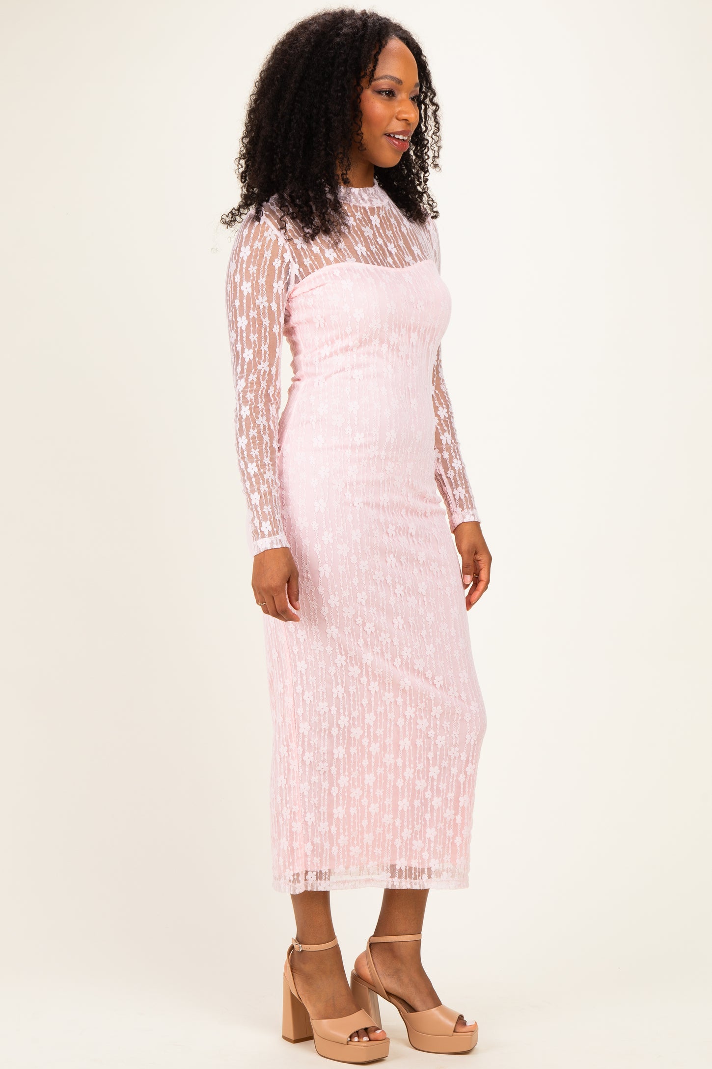 Light Pink Lace Mock Neck Long Sleeve Maternity Maxi Dress