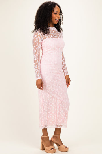 Light Pink Lace Mock Neck Long Sleeve Maternity Maxi Dress