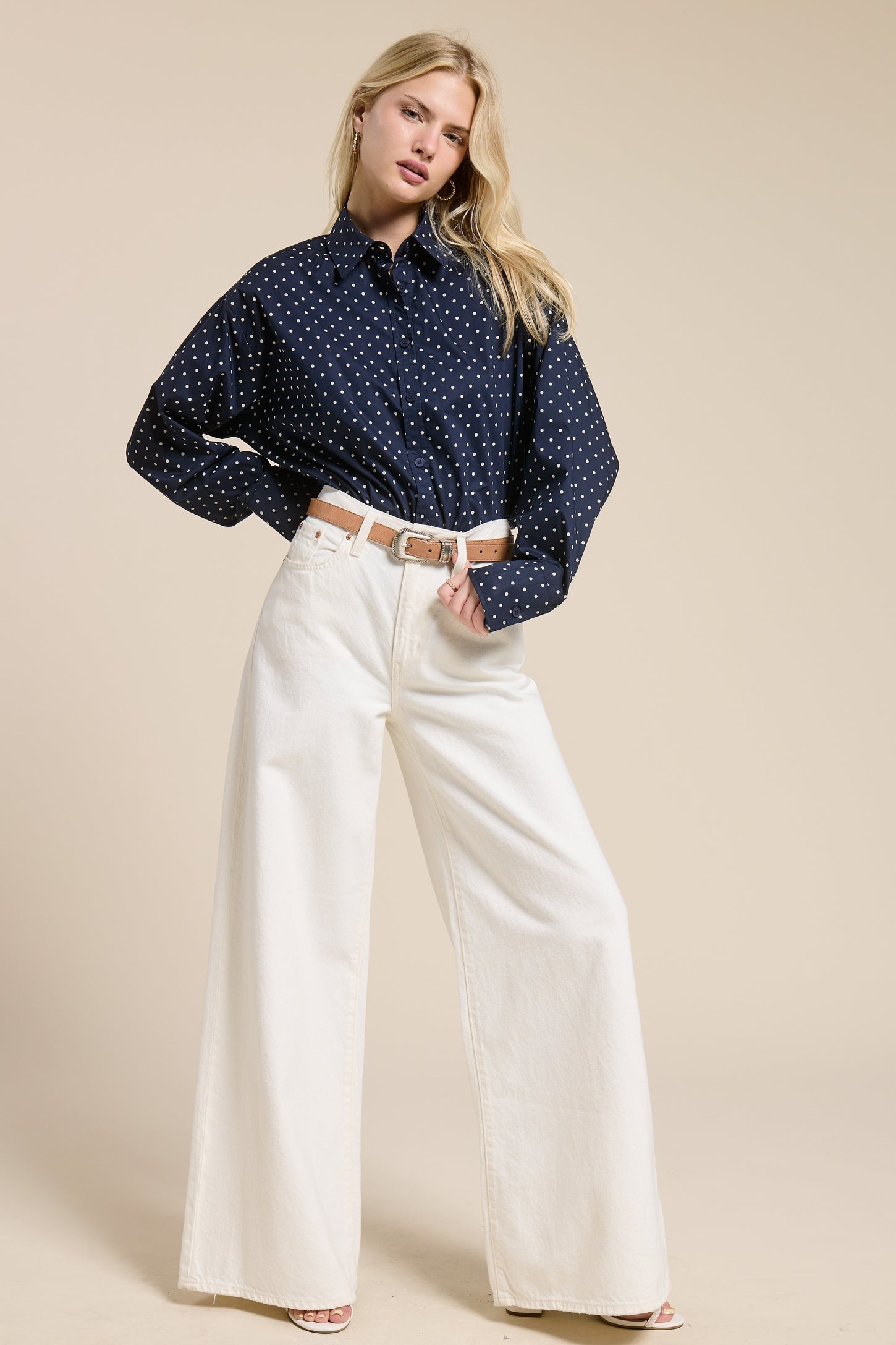 Navy Polka Dot Oversized Button Down Maternity Shirt