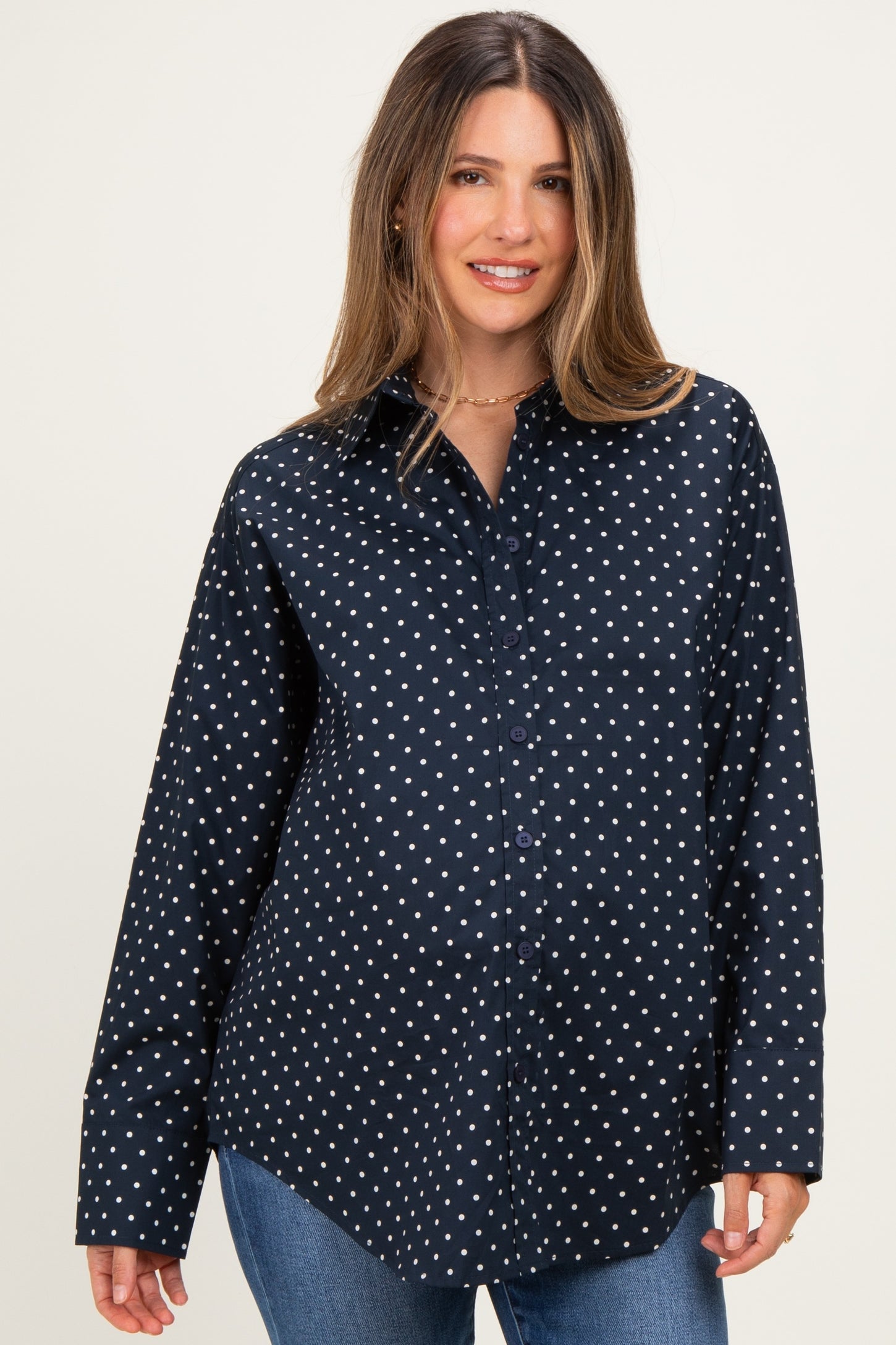 Navy Polka Dot Oversized Button Down Maternity Shirt