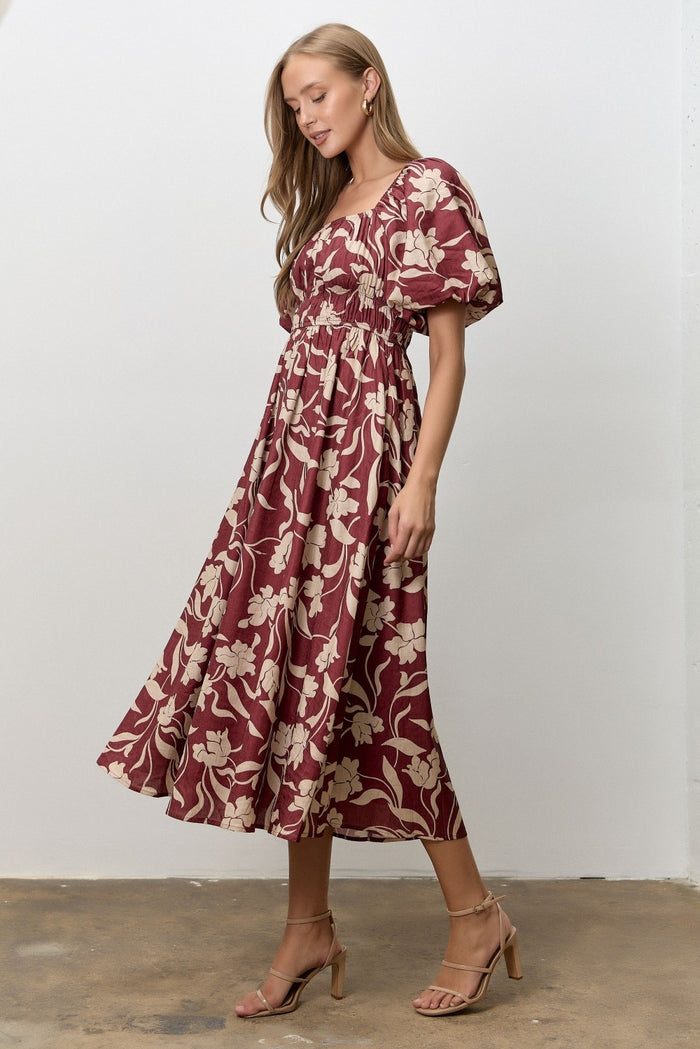 Mahogany Floral Square Neck Puff Sleeve Midi Dress