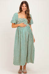 Green Square Neck Smocked Striped Maternity Midi Dress