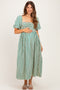 Green Square Neck Smocked Striped Maternity Midi Dress